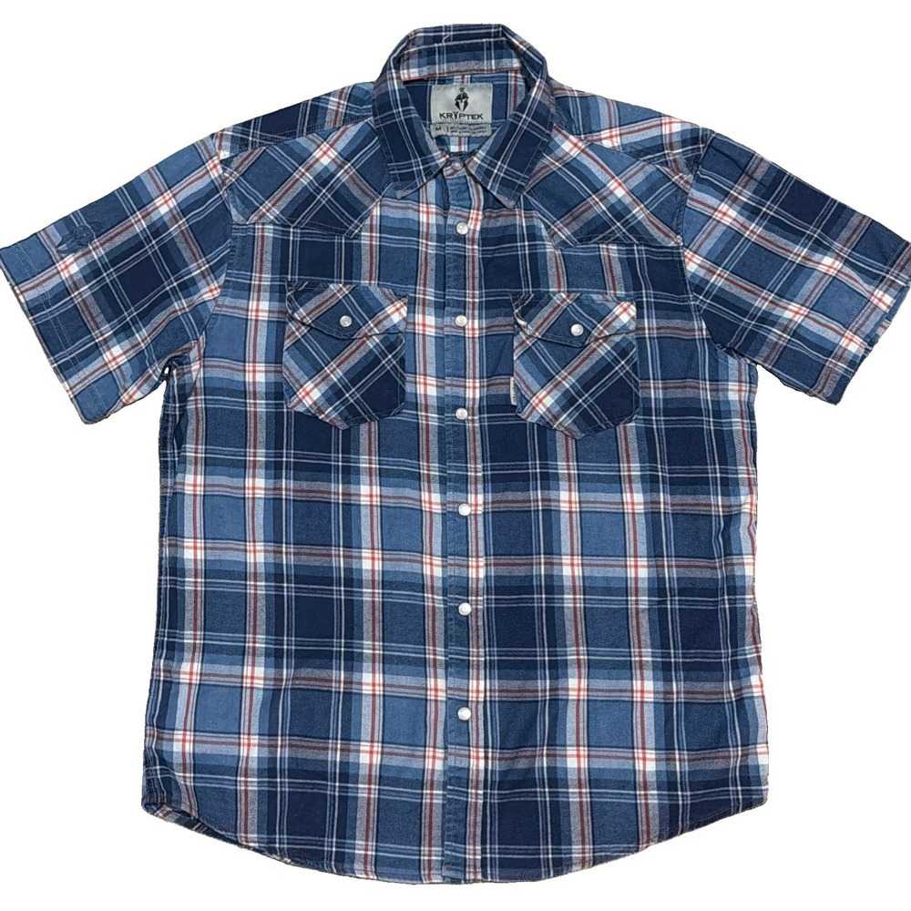 Kryptek Pearl Snap Shirt Mens Medium Indigo Plaid Western Short Sleeve Cotton